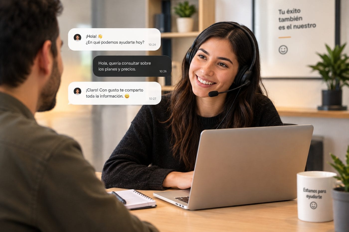 Asesora de Creziva atendiendo a un cliente por chat y en persona