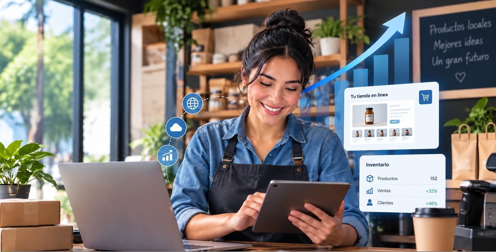 Dueña de un pequeño negocio usando laptop y tablet en su tienda
